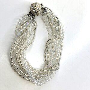 White Twisted Crystal Bracelet Braided Beads Half Moon Crystal Magnetic Clasp